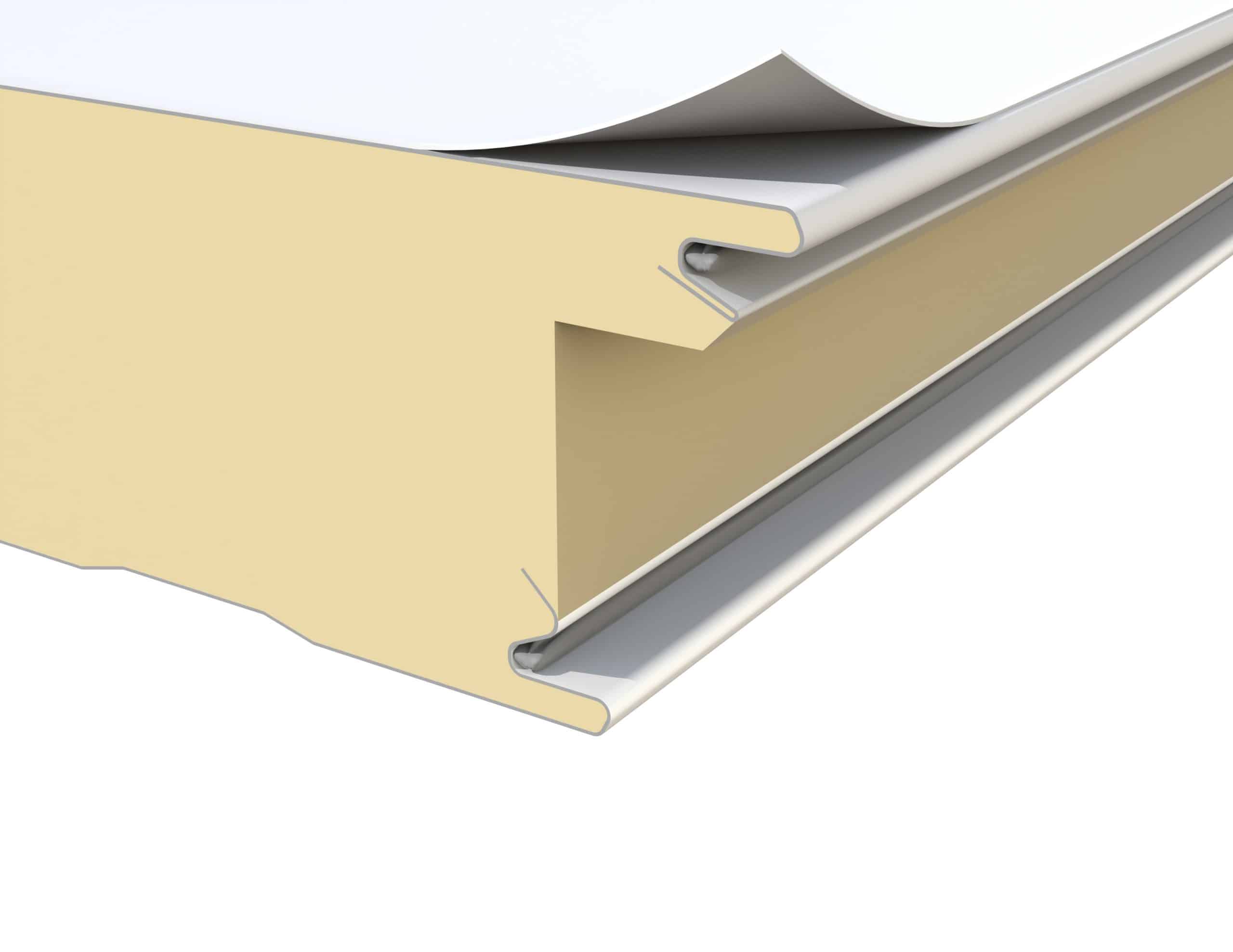 Close-up of CENTRIA insulated Metal Roof Panel joint with foam core and TPO and PVC roof membranes on top.